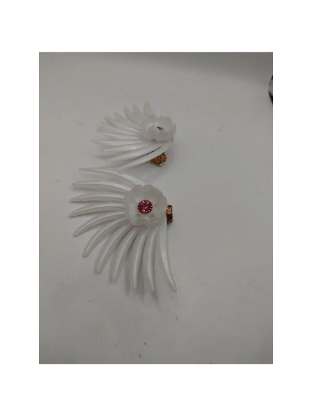 Vintage clip On Earrings White Plastic Pink Rhinestone Center  # 1